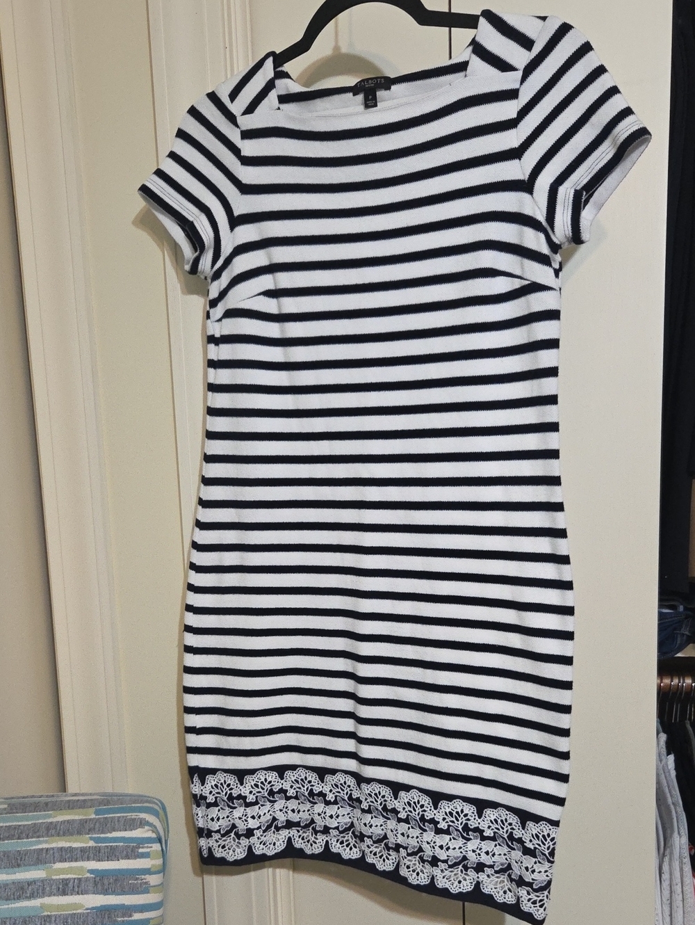 Talbots Black and White Striped Lace-Hem Mini Dress